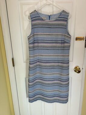 Talbots Striped Sleeveless Shift Dress in Light Blue with Pink and Navy